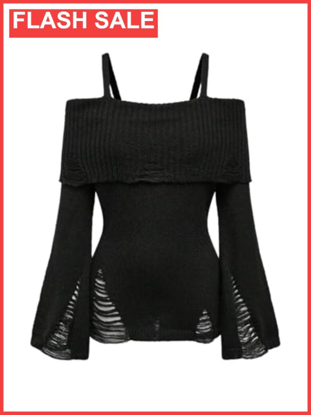 SOLY HUX Women's Cold Shoulder Ripped Sweater Bell Sleeve Pullover